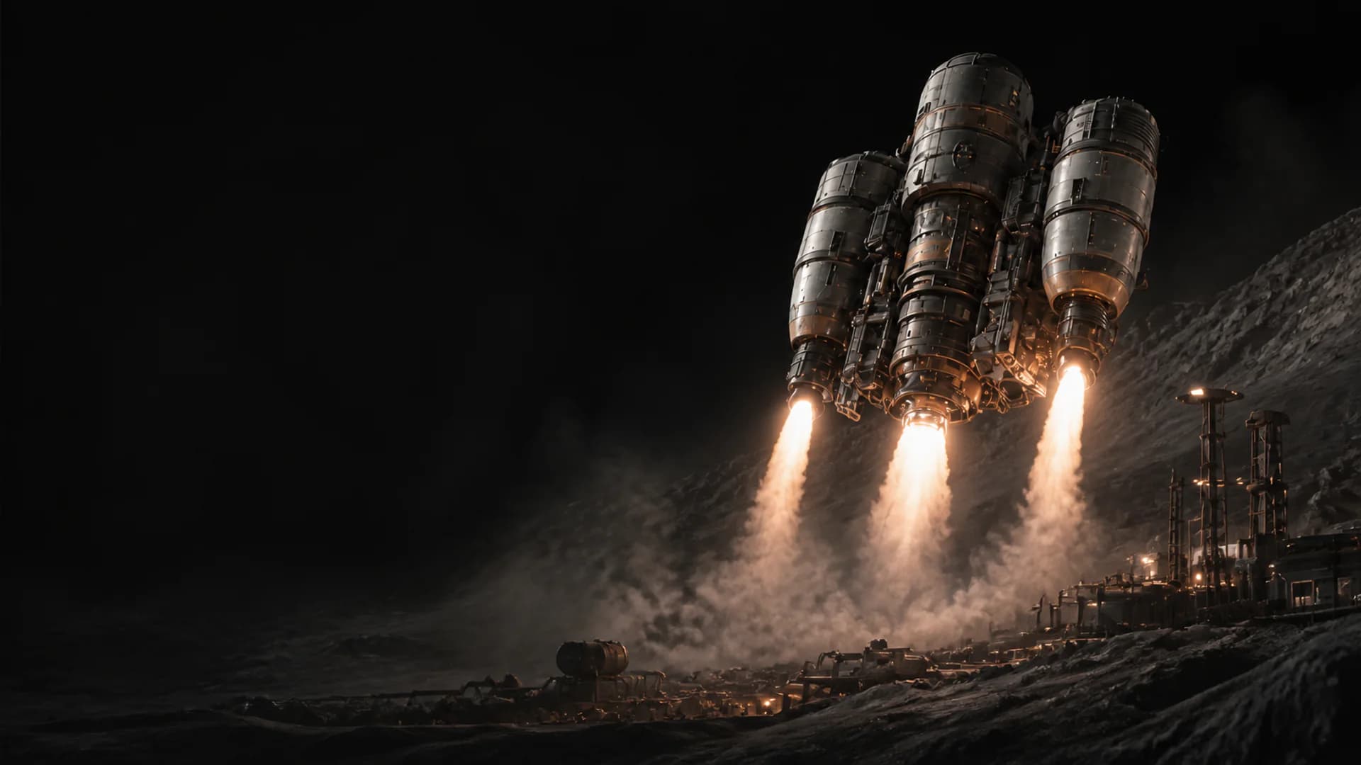 A modular spacecraft lifting from a lunar construction site